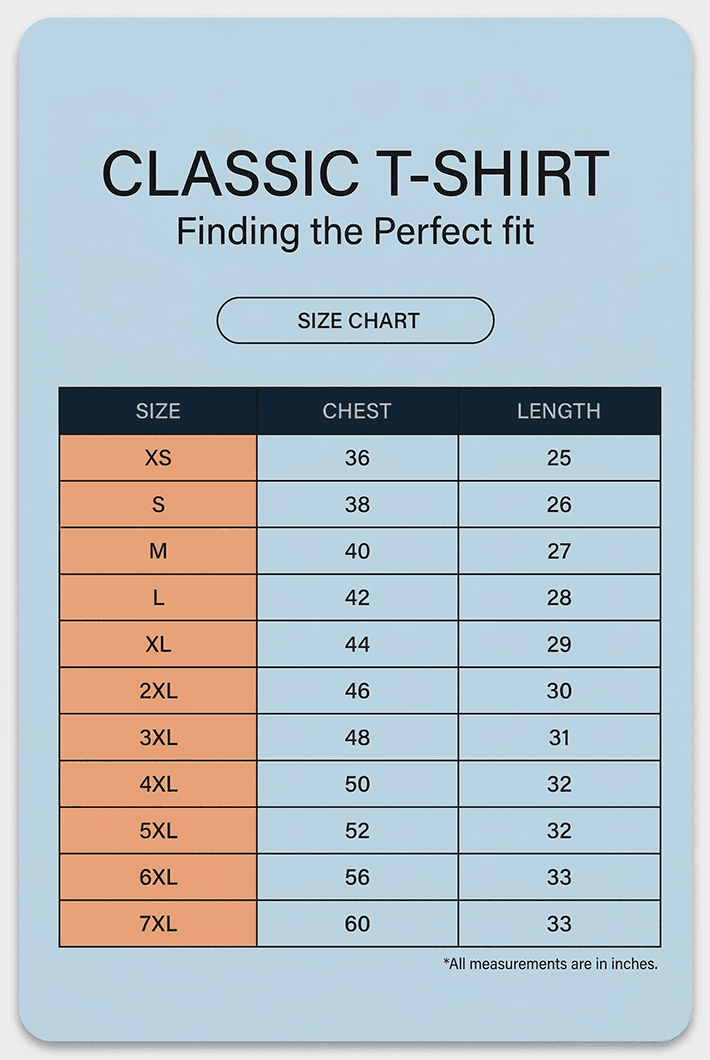 pure cotton classic fit t-shirt size chart