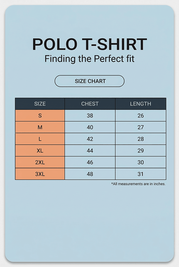 pure cotton polo men t-shirt size chart