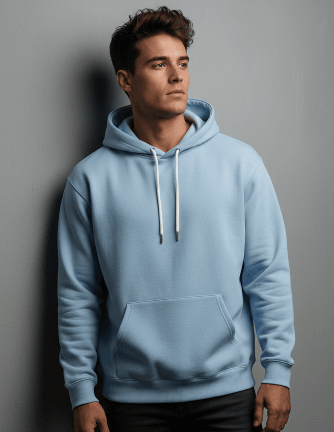 baby blue 300 GSM cotton blend regular fit hoodie for men front