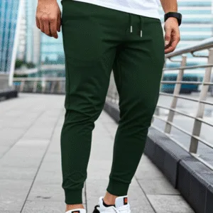 Bottle Green Casual 260 GSM cotton blend regular fit joggers for men front
