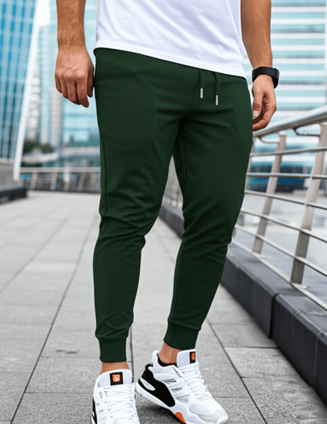 Bottle Green Casual 260 GSM cotton blend regular fit joggers for men front