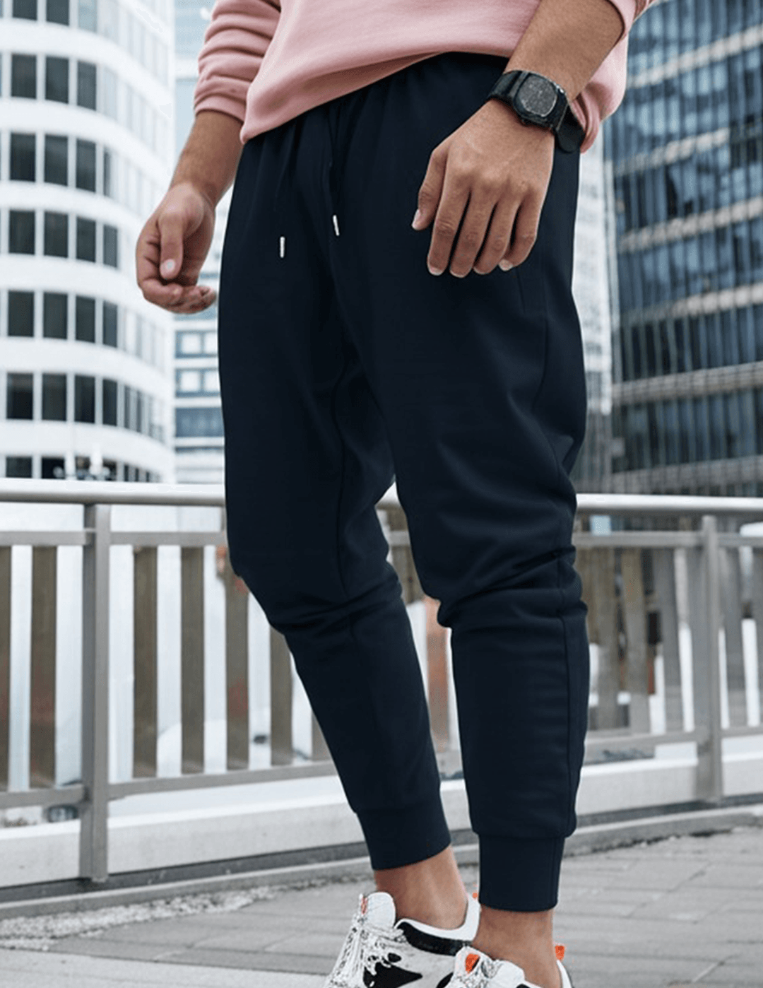 Navy Blue Casual 260 GSM cotton blend regular fit joggers for men side