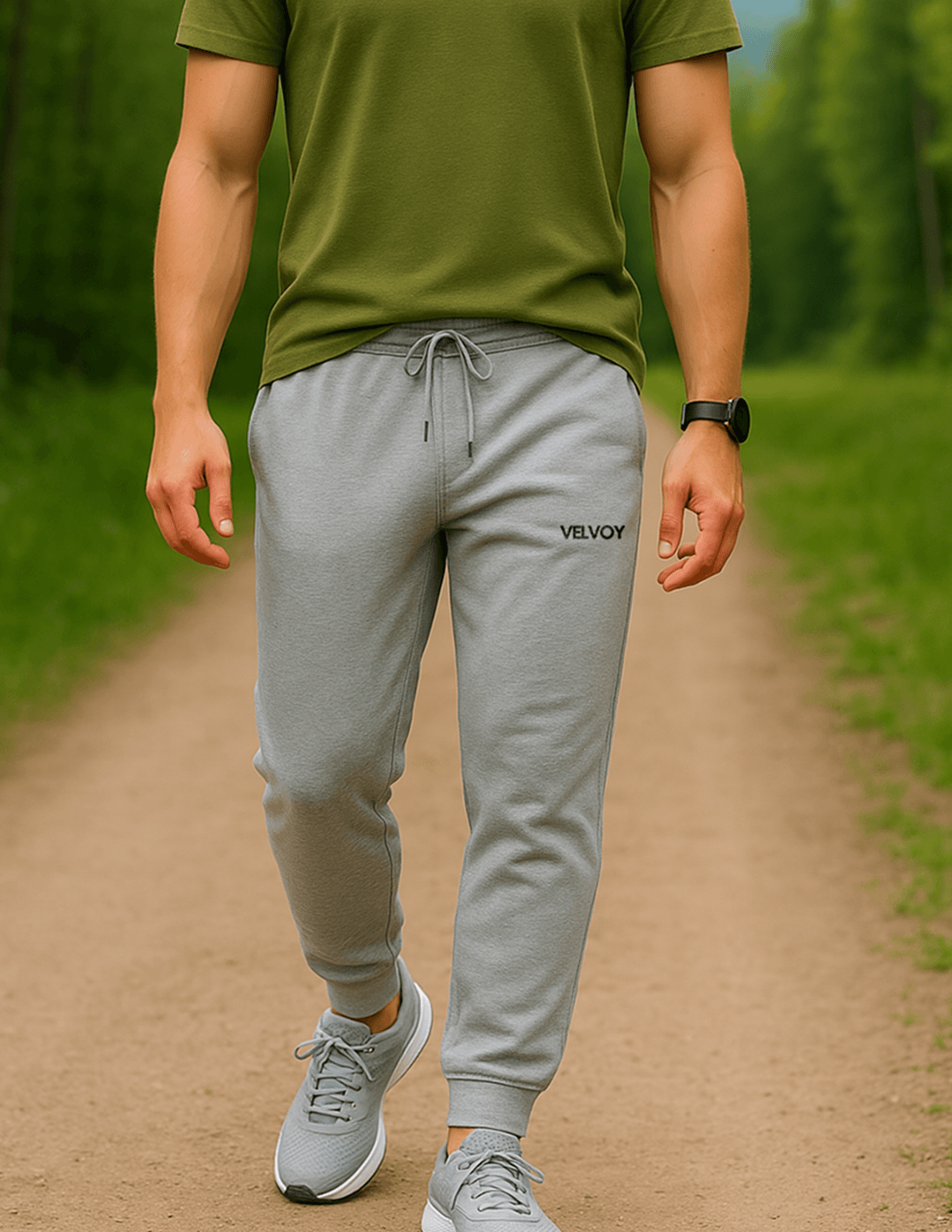 grey Casual 260 GSM cotton blend regular fit joggers for men front