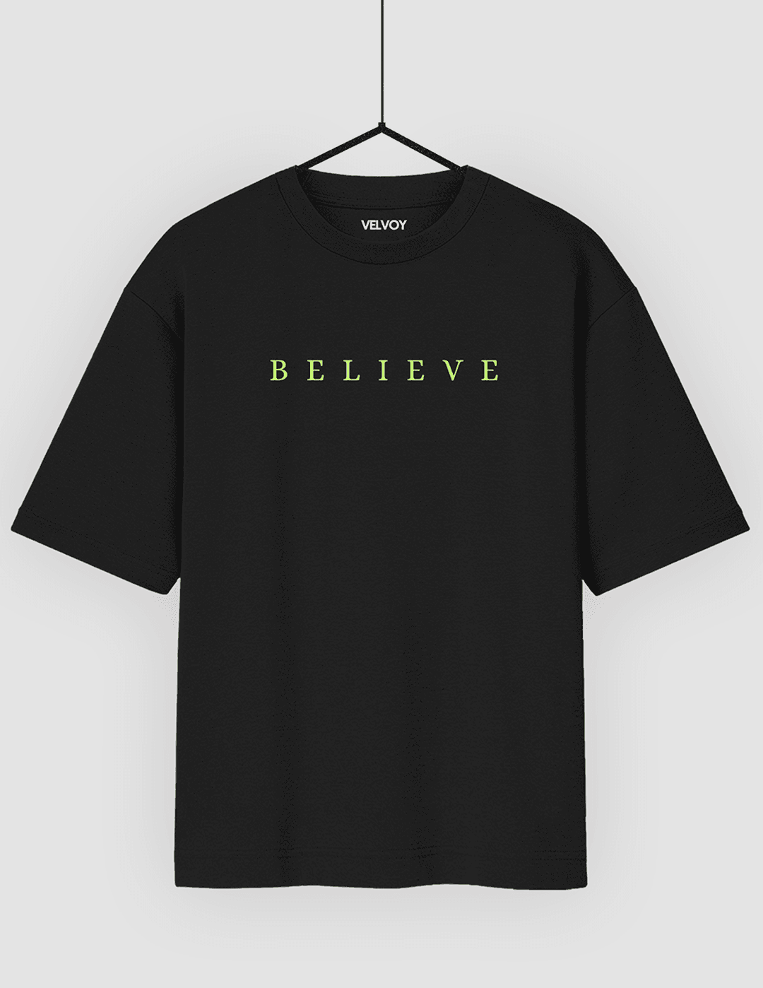 Believe Black 240 GSM pure cotton oversized t-shirt for women hanger front