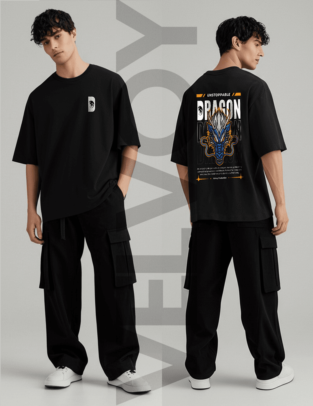 Dragon Black 240 GSM pure cotton oversized t-shirt for men front back