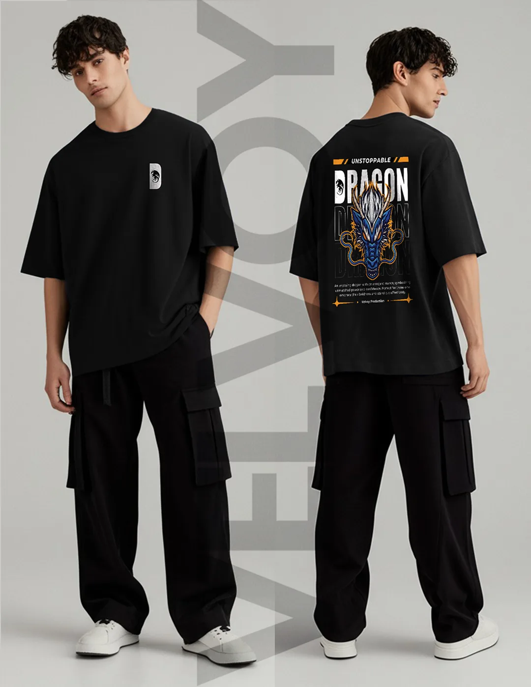 Dragon Black 240 GSM pure cotton oversized t-shirt for men front back