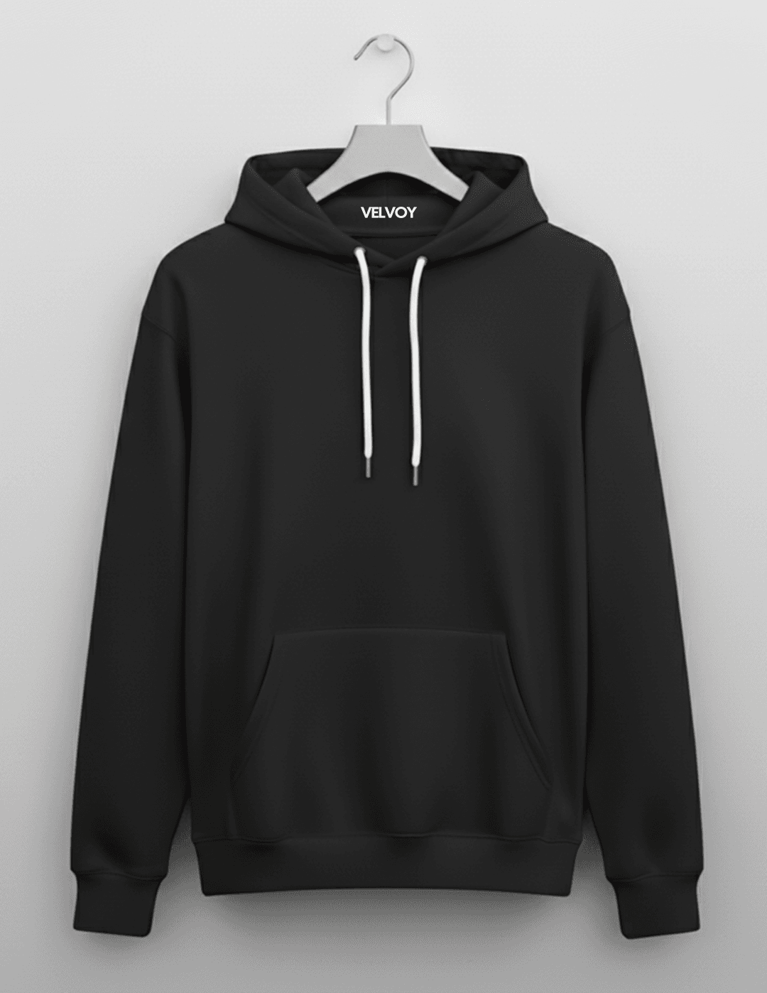 Black 300 GSM cotton blend regular fit hoodie for women hanger front