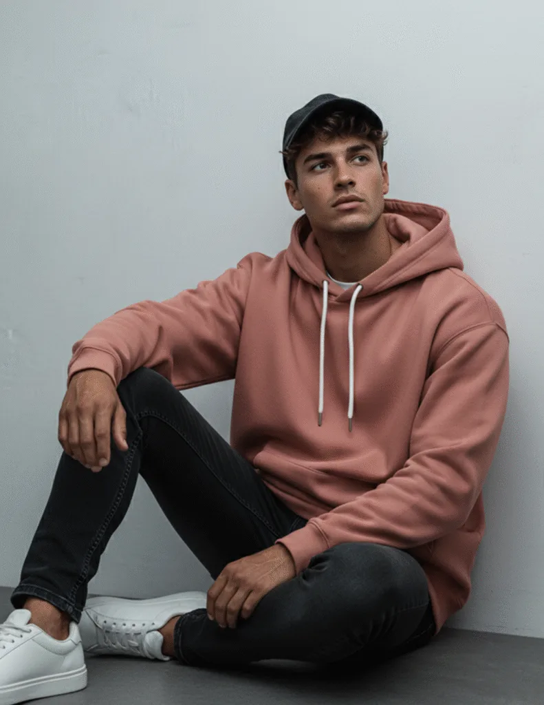 coral 300 GSM cotton blend regular fit hoodie for men sitting