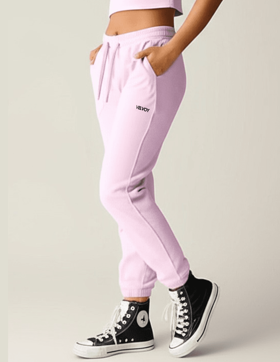Light Pink Classic 260 GSM cotton blend regular fit joggers for women side