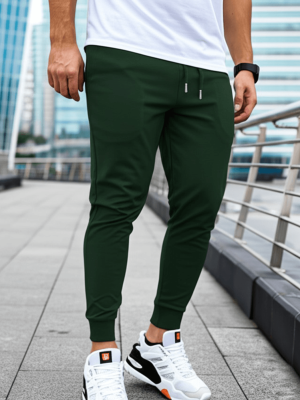 Bottle Green Casual 260 GSM cotton blend regular fit joggers for men front